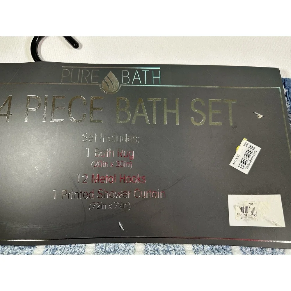 PURE BATH *NEW *Blue White 14 Piece Bath Set Rug, Shower Curtain, 12 Metal Hooks